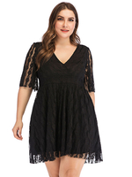 Plus Size Kleid für Frauen Schwarz V-Ausschnitt Kurzarm Illusion Ärmel Spitze Übergroßes knielanges Kleid