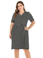 Plus Size Kleid für Frauen Schwarz V-Ausschnitt Kurzarm Lycra Spandex Polyester Sommer Midi Kleid
