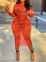 Plus Size Kleid für Frauen Stehkragen Lange Ärmel Gedrucktes Muster Polyester Paspel Bodycon Langes Kleid