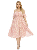 Plus Size Kleid für Frauen Träger Ausschnitt Kurze Ärmel Floral bedrucktes Polyester Rosa Knielanges Sommerkleid