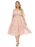 Plus Size Kleid für Frauen Träger Ausschnitt Kurze Ärmel Floral bedrucktes Polyester Rosa Knielanges Sommerkleid