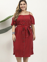 Plus Size Kleid für Frauen Träger Ausschnitt Kurze Ärmel Streifen Polyester Rot Midi Einteiliges Kleid