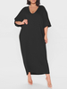 Plus Size Kleid für Frauen V-Ausschnitt Halbarm Polyester Paspel Schwarz Langes Kleid