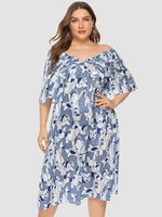 Plus Size Kleid für Frauen V-Ausschnitt Kurzarm Ausgestellte Ärmel Mit Blumen bedruckte Polyester Schärpe Langes Kleid
