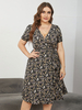 Plus Size Kleid für Frauen V-Ausschnitt Kurze Ärmel Blumendruck Polyester Schwarz Midikleid Einteiliges Kleid