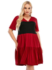 Plus Size Kleid für Frauen V-Ausschnitt Kurze Ärmel Zweifarbiges Polyester Rotes Kurzes Tunikakleid