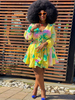 Plus Size Kleid für Frauen V-Ausschnitt Lange Ärmel Krawatte Farbstoff Lycra Spandex Gelb Knielangen Sommerkleid