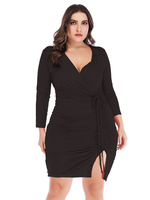 Plus Size Kleid für Frauen V-Ausschnitt Lange Ärmel Polyester Schwarz Kurzes; figurbetontes Kleid