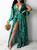 Plus Size Kleid für Frauen V-Ausschnitt mit langen Ärmeln Blumendruck Polyester Split Front übergroßes langes Kleid