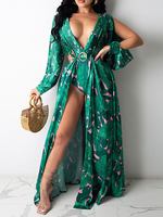Plus Size Kleid für Frauen V-Ausschnitt mit langen Ärmeln Blumendruck Polyester Split Front übergroßes langes Kleid