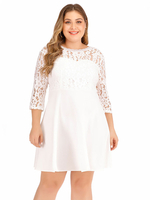 Plus Size Kleid für Frauen White Jewel Neck 3/4 Länge Illusion Ärmel Spitze Oversized Knielänge One Piece Kleid