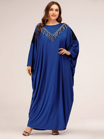 Plus Size Langes Kleid Blue Jewel Neck Batwing Langarm Spitze Boden bodenlanges Kleid
