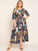 Plus Size Langes Kleid Für Frauen Orange V-Ausschnitt Halbärmel Plaid Pattern Polyester Sommer Langes Kleid