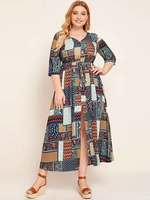Plus Size Langes Kleid Für Frauen Orange V-Ausschnitt Halbärmel Plaid Pattern Polyester Sommer Langes Kleid