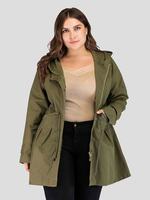 Plus Size Mantel für Frauen Hunter Green Kapuzenausschnitt Langarmknöpfe Schnürung Baumwolle Polyester Plaid Muster Übergroße lange Mäntel