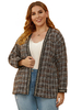 Plus Size Mantel für Frauen Kaffee Braun Verzierter Kragen T-Shirt Ärmel Schachbrett Muster Paspelierung Polyester Lässig Übergroßer Mantel