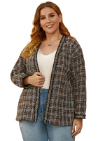 Plus Size Mantel für Frauen Kaffee Braun Verzierter Kragen T-Shirt Ärmel Schachbrett Muster Paspelierung Polyester Lässig Übergroßer Mantel