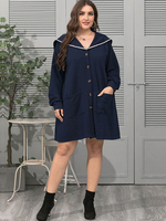 Plus Size Mantel für Frauen Matrosenkragen Lange Rippe Strick Manschettenärmel Knöpfe Lässig Winddicht Übergroß Knielanger Mantel