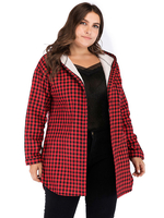Plus Size Mantel für Frauen Roter Kapuzenausschnitt Langarmknöpfe Baumwolle Polyester Plaid Muster Übergroße Mäntel