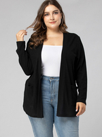 Plus Size Mantel für Frauen V-Ausschnitt mit langen Ärmeln Polyester beiläufige schwarze Mäntel