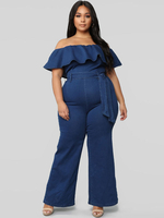 Plus Size Marineblauer Overall für Frauen Schulterfrei Kurze Ärmel Rüschen Lässiger Sommer Einteiler Outfit