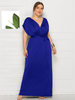 Plus Size Maxikleid für Frauen Königsblau V-Ausschnitt Kurzarm Schnürung Polyester Sommer Langes Kleid