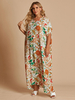 Plus Size Maxikleid V-Ausschnitt Kurze Ärmel Blumendruck Taschen Polyester Orange Langes Kleid