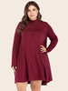 Plus Size Midi Kleid Burgunder Jewel Neck Langarm Polyester Baumwolle Knielanges Hemdkleid