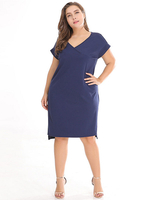 Plus Size Midikleid V-Ausschnitt Kurzarm High Low Design Polyester Knielanges Tunika-Kleid