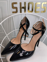 Plus Size Pumps spitzen Zehen Stiletto Absatz Patent PU Leatehr Mode schwarz Knöchelriemen Heels