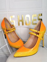 Plus Size Pumps spitzen Zehen Stiletto Absatz Patent PU Leder Gelb Mode Mary Jane Heels