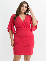 Plus Size Red Dress V-Ausschnitt Ausgestelltes Halbärmel-Polyester-Sommer-Midi-Kleid aus Polyester
