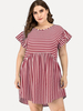 Plus Size Red Midi Kleid Jewel Neck Kurzarm Rüschen Streifen Muster Lässig Sommerkleid