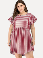 Plus Size Red Midi Kleid Jewel Neck Kurzarm Rüschen Streifen Muster Lässig Sommerkleid