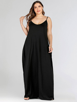 Plus Size Schwarz Maxikleid Trägerkleid Ärmellos Polyester Offene Schulter Sommer Langes Kleid