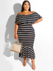 Plus Size Schwarzes; figurbetontes Kleid Bateau-Ausschnitt Kurze Ärmel Streifenmuster Casual Sommer Langes Kleid
