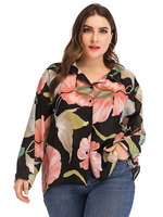 Plus Size Schwarzes Hemd für Frauen Blumendruck Muster Turndown Kragen Knöpfe Langarm Polyester Sommer Übergroßes Hemd