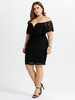 Plus Size Schwarzes Kleid Bateau Neck Off The Shoulder Kurzarm Nylon Summer Midi Kleid