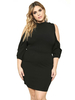Plus Size Schwarzes Kleid Jewel Neck 3/4-Länge Ärmel Polyester Layered Knie Länge Casual Midi-Kleid