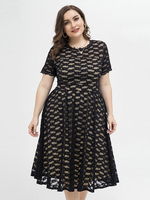 Plus Size Schwarzes Kleid V-Ausschnitt Spitze Kurzarm Nylon Sommer Midi Kleid