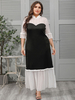Plus Size Schwarzes langes Kleid Gekerbter Ausschnitt Halbe Ärmel Mehrlagiges Spitzen-Maxikleid