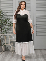 Plus Size Schwarzes langes Kleid Gekerbter Ausschnitt Halbe Ärmel Mehrlagiges Spitzen-Maxikleid