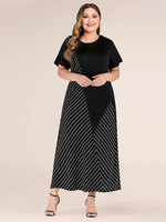 Plus Size Schwarzes Langes Kleid Jewel Neck Kurze Ärmel Streifenmuster Lässiges Maxikleid