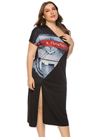 Plus Size Schwarzes Maxikleid Ein Schulterhals Kurzärmel Split Front Polyester Lycra Spandex Tee Länge Kleid