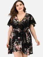 Plus Size Schwarzes Midikleid Jewel Neck Kurzarm Polyester Knielanges lässiges Sommerkleid