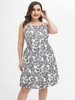 Plus Size Schwarzes Midikleid Spaghettiträger Ärmelloses Blumenmuster Knielanges Sommer-One-Piece-Kleid
