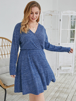 Plus Size Sommerkleid Blau Blumendruck V-Ausschnitt Langarm Polyester Knielanges Freizeitkleid