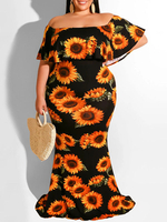 Plus Size Sonnenblumen-Print schulterfrei Maxikleider