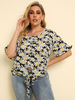 Plus Size T-Shirt für Frauen Blumendruckmuster Jewel Neck Petal Kurzarm Geknotet Täglich Casual T-Shirt