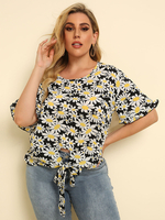 Plus Size T-Shirt für Frauen Blumendruckmuster Jewel Neck Petal Kurzarm Geknotet Täglich Casual T-Shirt